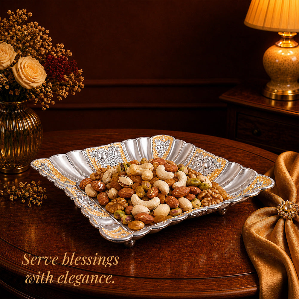 Diviniti Gold Accent German Silver Decorative Platter filled with assorted nuts, displaying elegance and luxury.