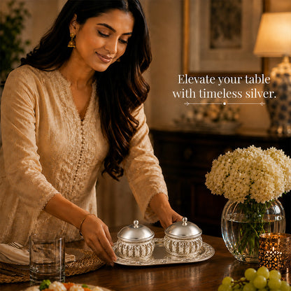 Diviniti Luxury Silver-Plated Double Bowl Serving Set | Elegant White Design with Lids & Decorative Tray