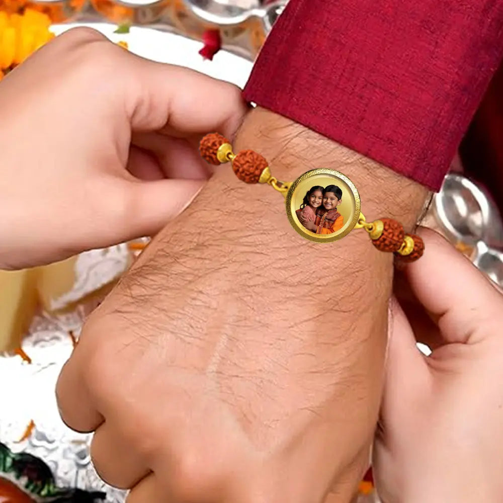 Personalized Rudraksha Rakhi with 22MM 24K Gold Plated Foil Divine Raksha Bandhan Gift