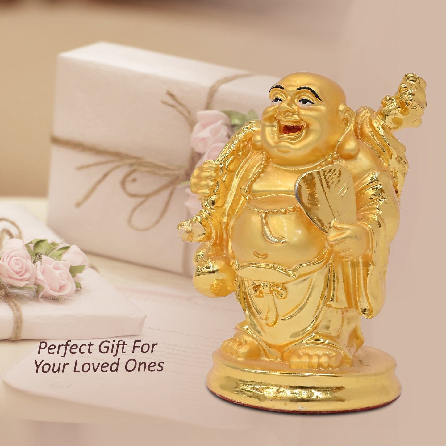 DIVINITI 24K Gold-Plated Laughing Buddha Idol Embrace Joy, Prosperity, and Happiness for Home Office Décor, Tabletop, Gift (10.5x7 CM)