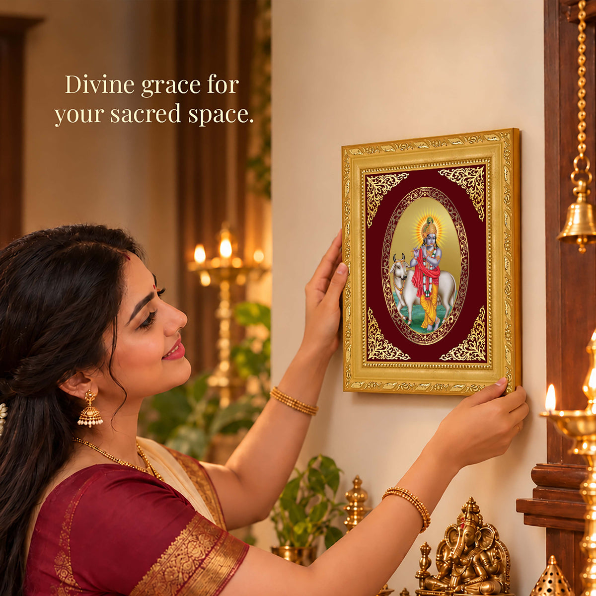 24K Gold-Plated Lord Krishna with Surbhi Cow Frame | Premium Gift Box | 21.5x17.5 CM