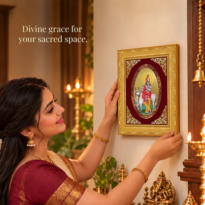 24K Gold-Plated Lord Krishna with Surbhi Cow Frame | Premium Gift Box | 21.5x17.5 CM