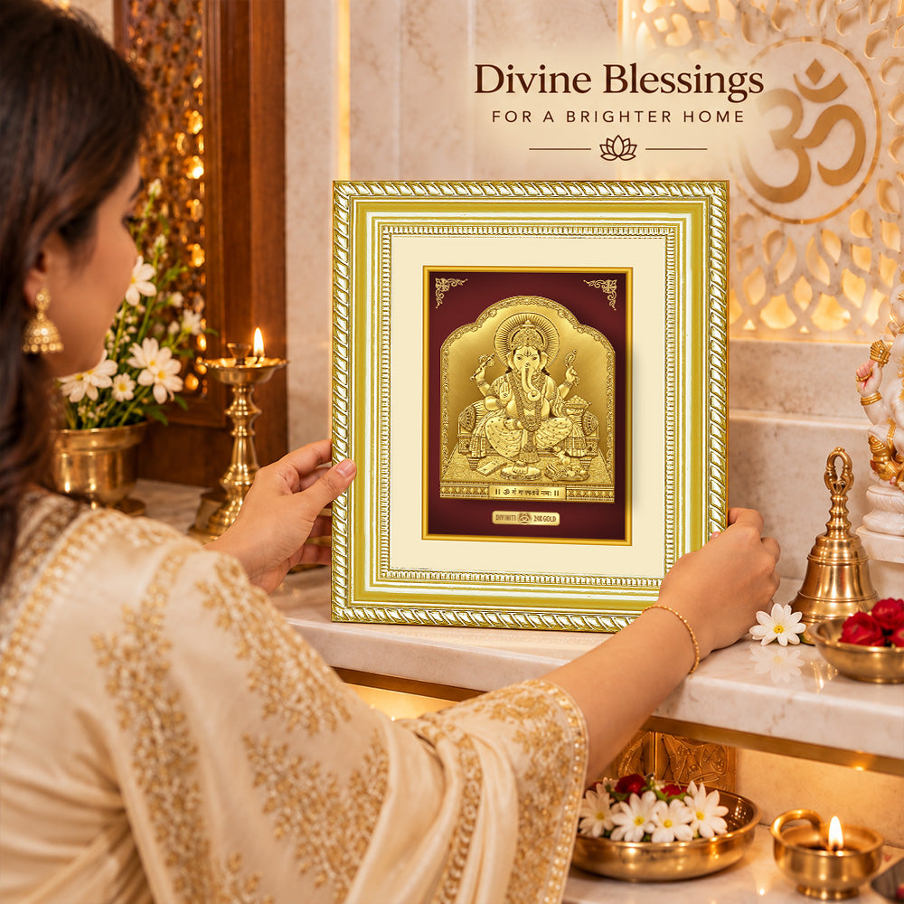 24K Gold-Plated Lord Ganesha Frame | Premium Gift Box | 22x18 CM