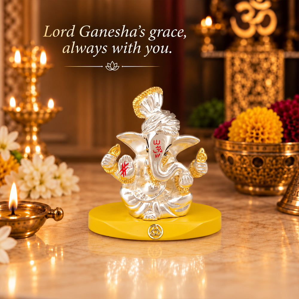 999 Silver-Plated Pagdi Ganesha Idol | Car & Home Décor | Gift Box | 7x7 CM