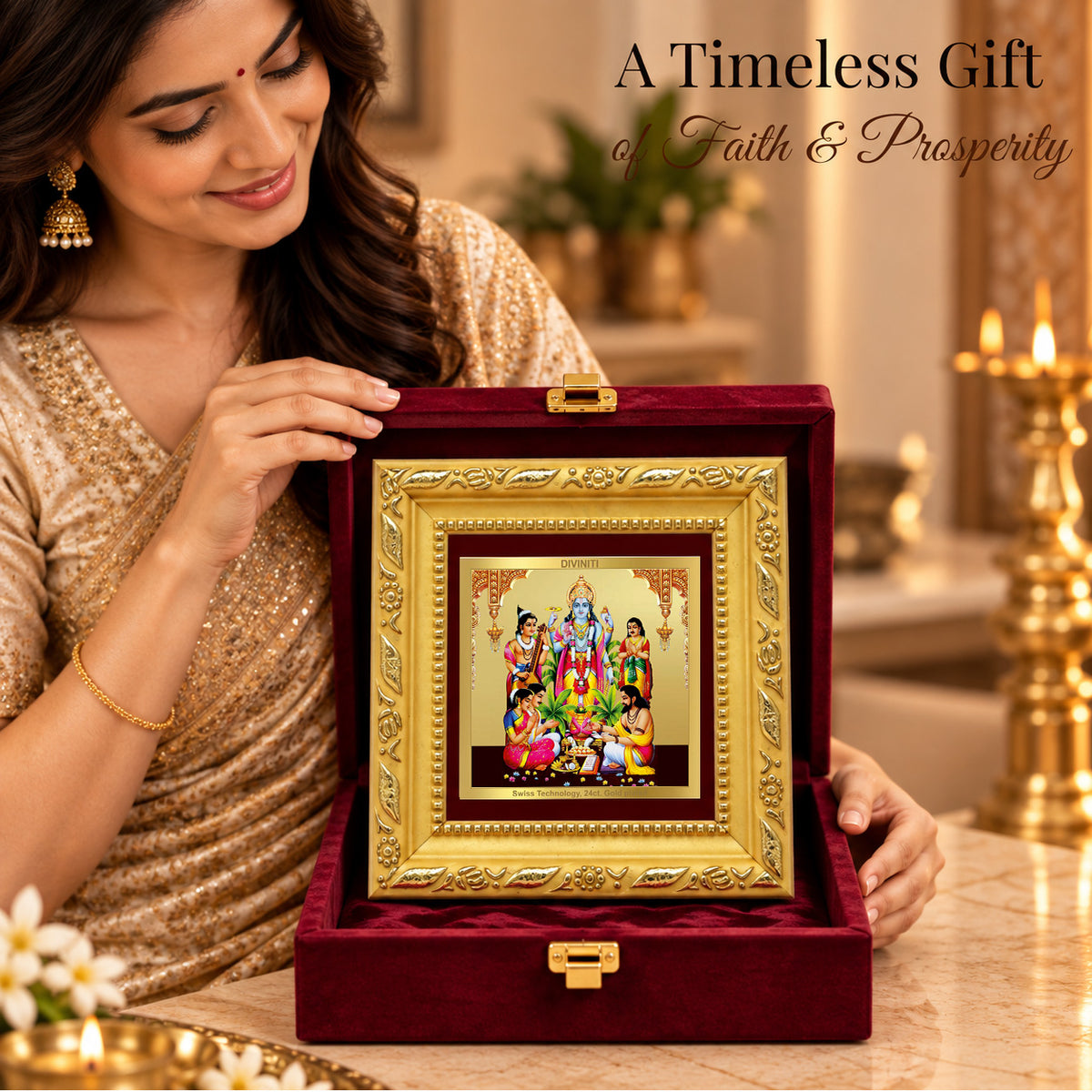 24K Gold-Plated Lord Satyanarayan Frame | Premium Gift Box | 10x10 CM
