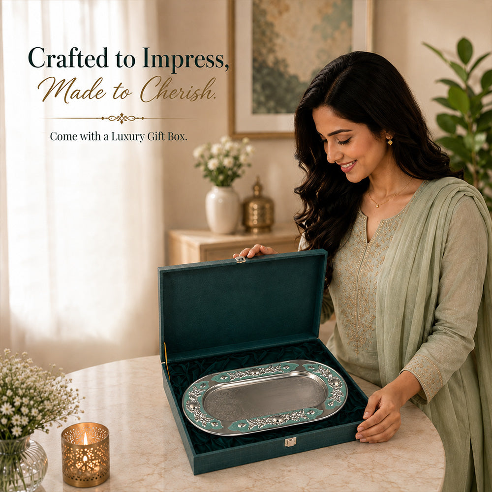 Diviniti Silver-Plated MOP Decorative Tray with Turquoise Accents | Luxury Oval Serving Platter for Dry Fruits, Sweets & Premium Gifting