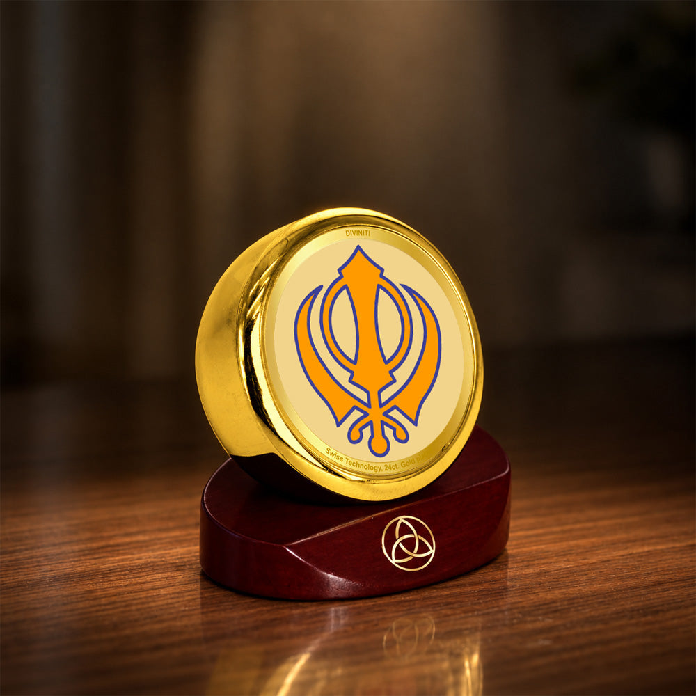 24K Gold-Plated Khanda Sahib Car Dashboard Frame | 5x5 CM