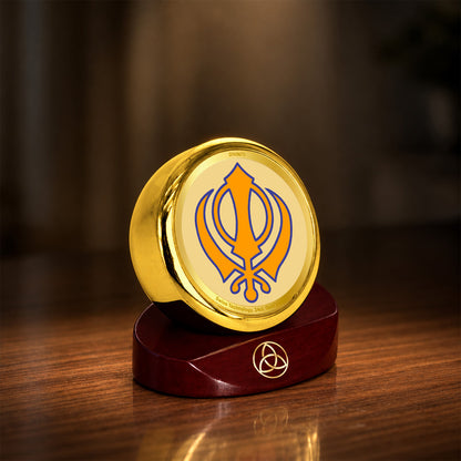 24K Gold-Plated Khanda Sahib Car Dashboard Frame | 5x5 CM