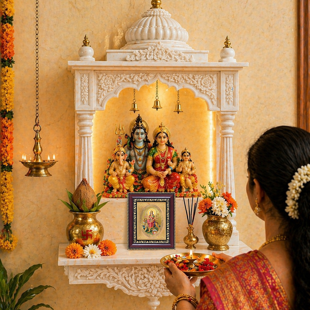 Diviniti 24K Gold Plated Durga - Sherawali Mata With Pind |Divine Table Top Royal Photo Frame for Home Mandir & Office Decor | Luxury Spiritual Gift