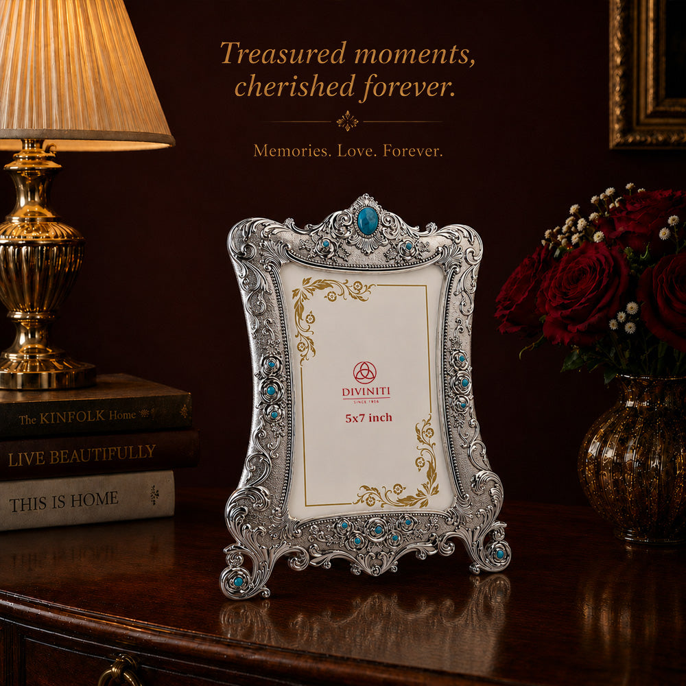 Diviniti Antique Silver-Plated Ornate Photo Frame with Turquoise Stone Accents | Luxury Vintage Tabletop Picture Frame | 5 x 7 Inch