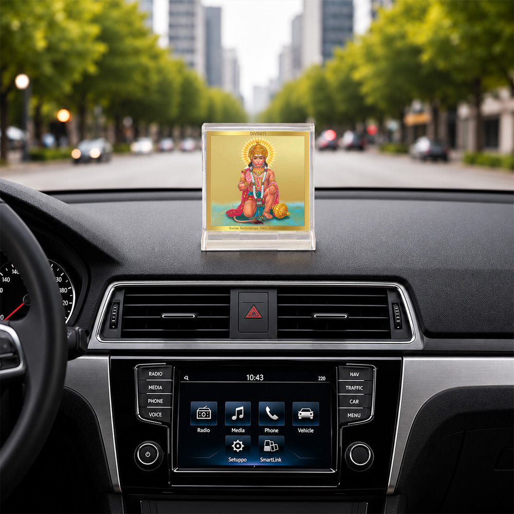 24K Gold-Plated Lord Hanuman Acrylic Car Dashboard Frame | 6x5 CM