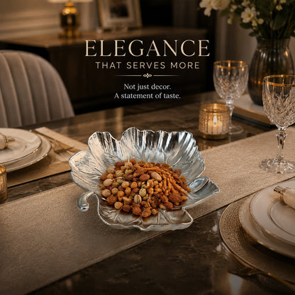 Diviniti Silver-Plated Leaf Decorative Bowl | Luxury Leaf-Shaped Serving Bowl for Dry Fruits, Sweets & Home Décor