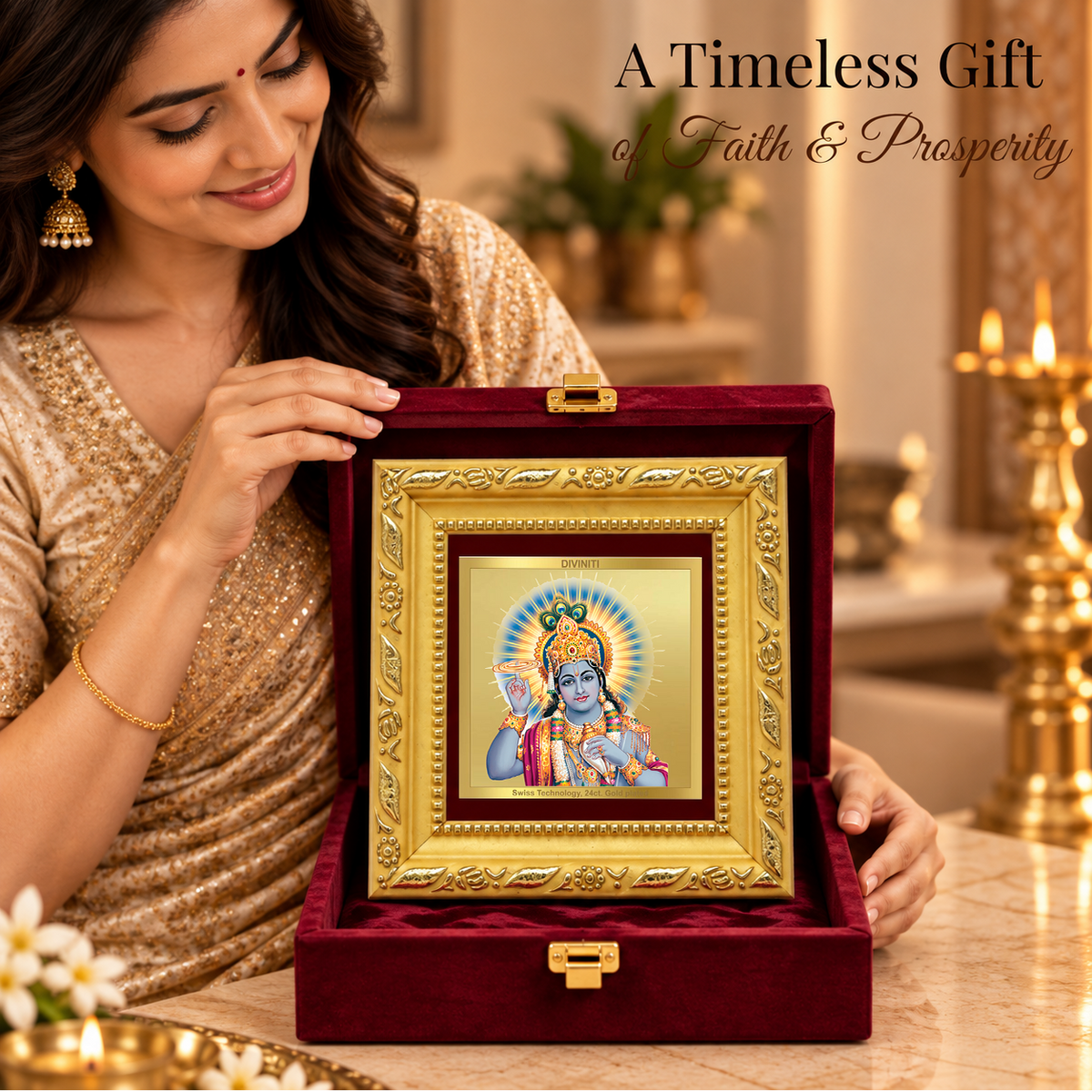 24K Gold-Plated Lord Vishnu Frame | Premium Gift Box | 10x10 CM