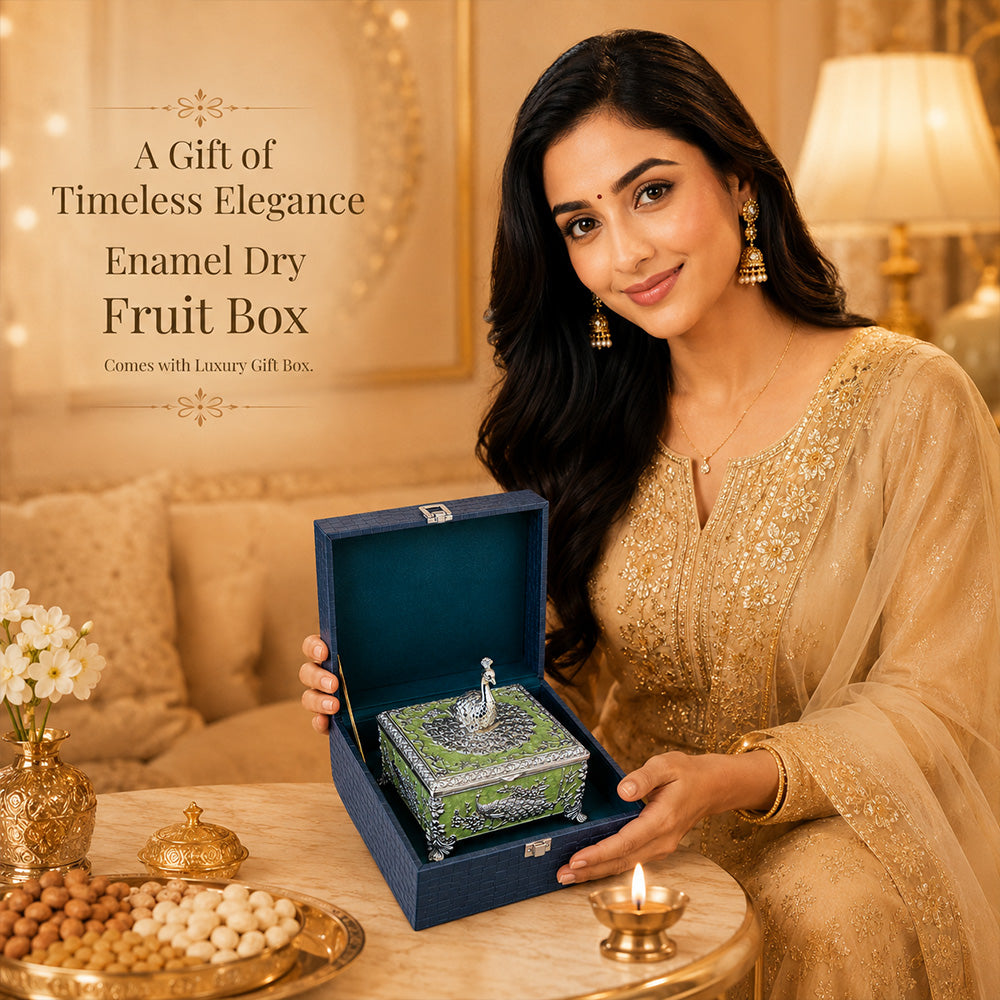 Diviniti Premium German Silver 2-Part Box | Green Enamel Dry Fruit & Sweet Box for Wedding & Festive Gifting