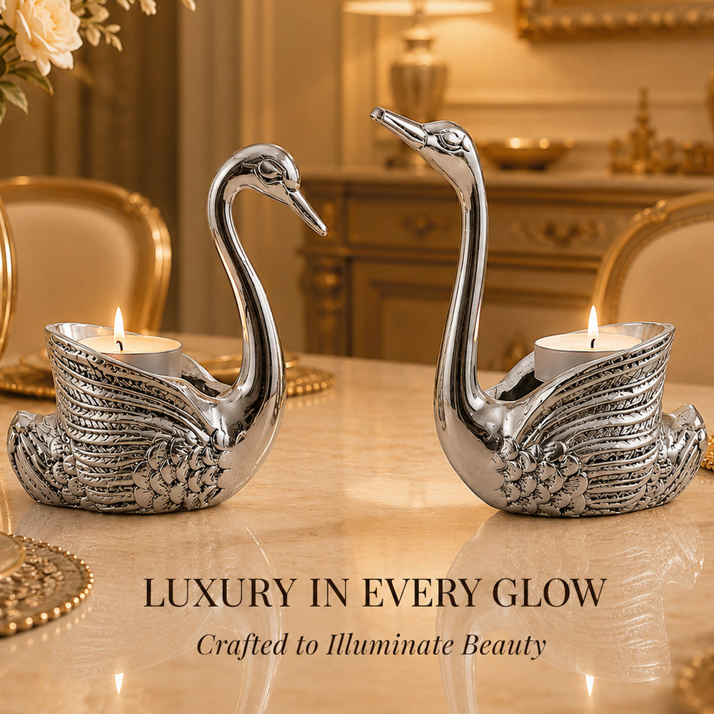 999 Silver-Plated Antique Swan Candle Stand Pair | Premium Gift Box | 12x10 CM