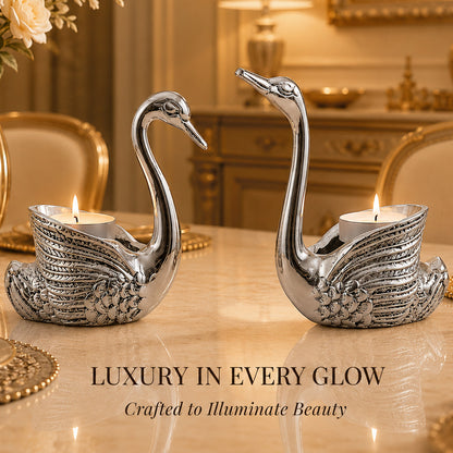 999 Silver-Plated Antique Swan Candle Stand Pair | Premium Gift Box | 12x10 CM