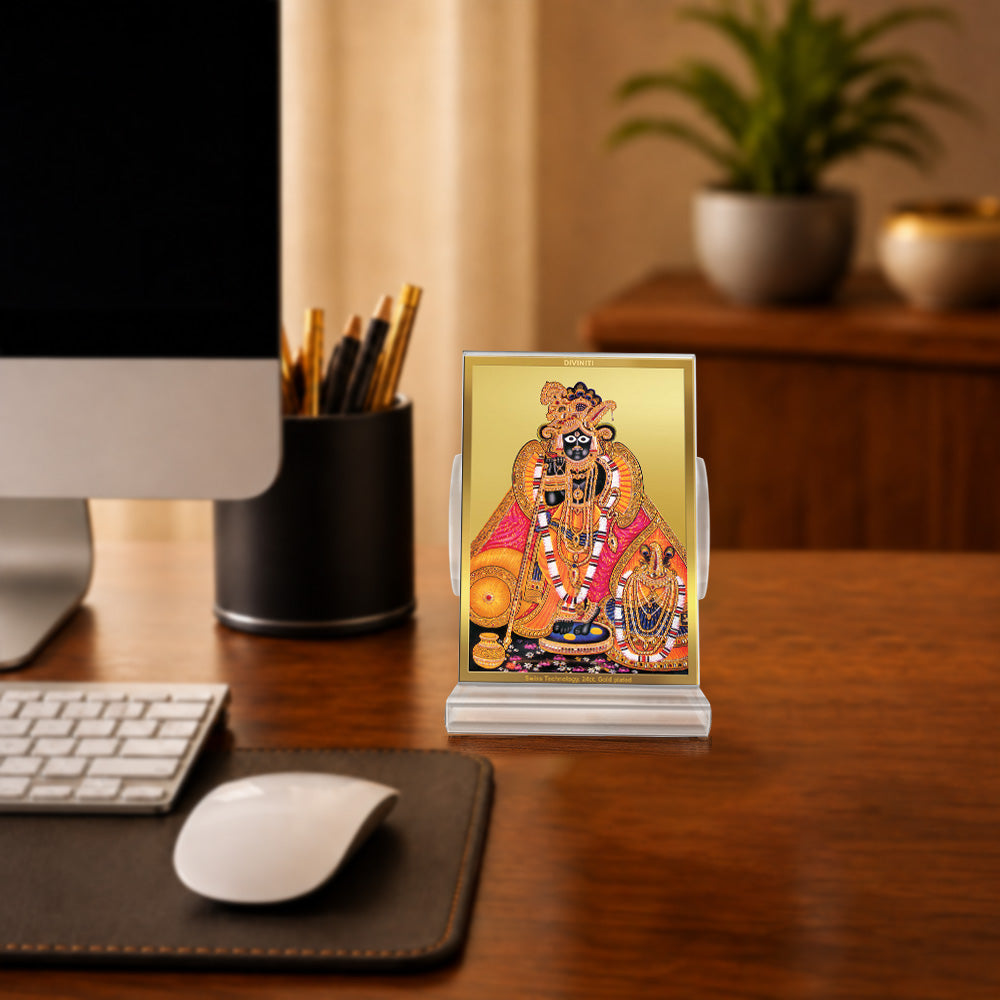 24K Gold-Plated Banke Bihari Ji Acrylic Car Dashboard Frame | 11x7 CM