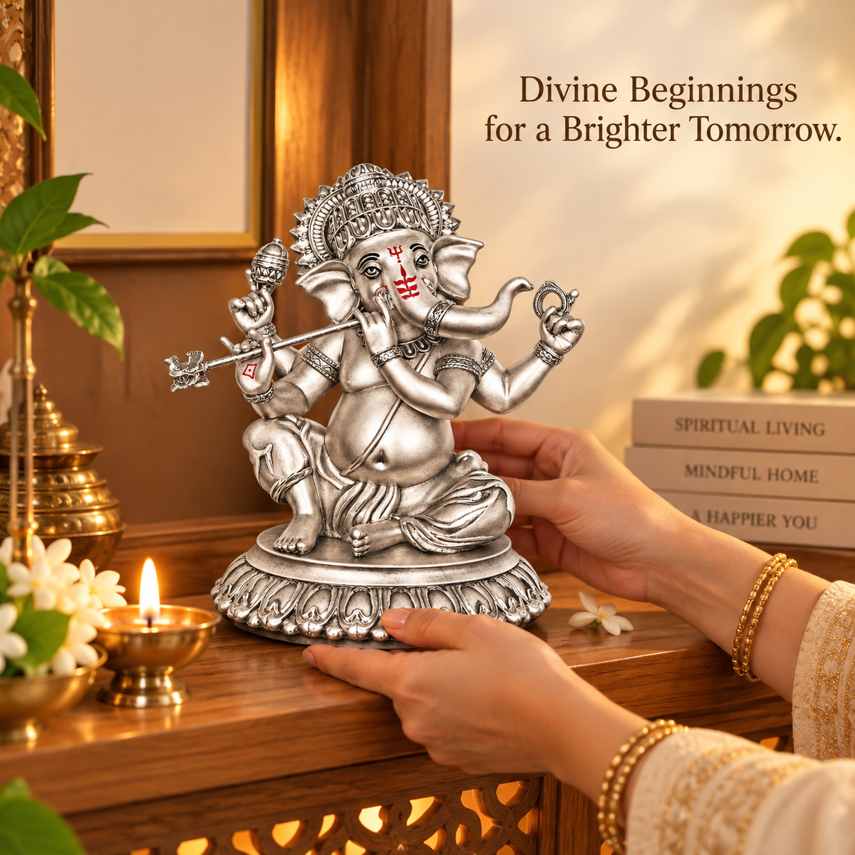 999 Silver-Plated Antique Bansuri Ganesha Idol | Gift Box | 16x14 CM