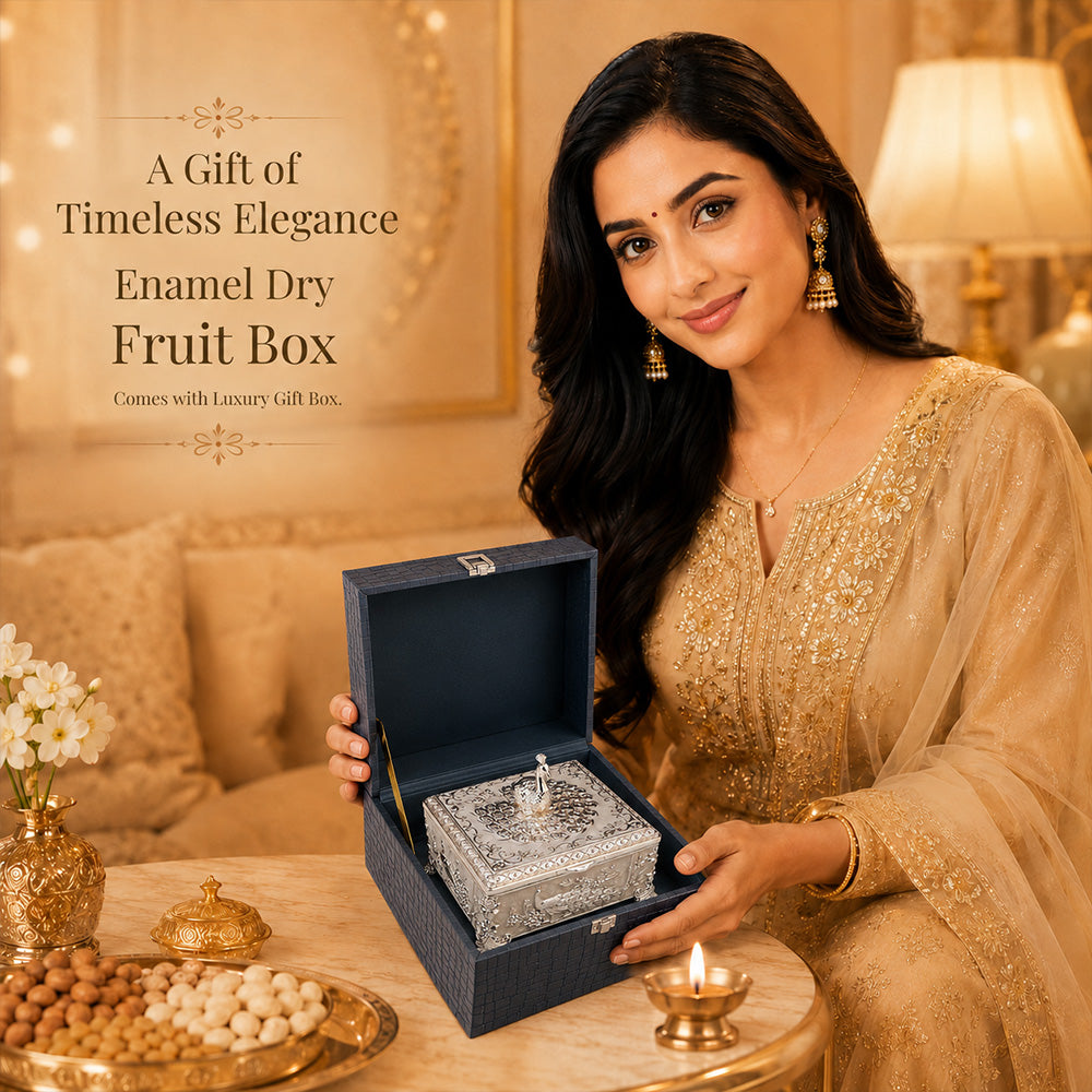 Diviniti Premium German Silver 2-Part Box | White Decorative Dry Fruit & Sweet Box for Wedding & Festive Gifting