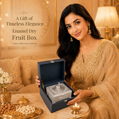 Diviniti Premium German Silver 2-Part Box | White Decorative Dry Fruit & Sweet Box for Wedding & Festive Gifting