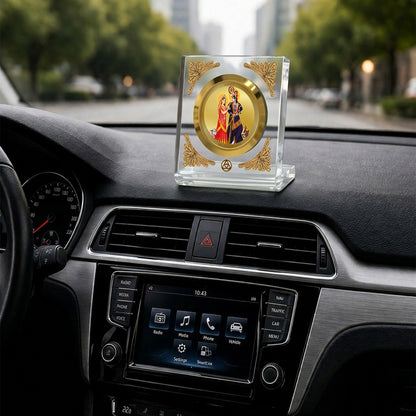 24K Gold Plated Radha Krishna With Cow Acrylic Car Dashboard Frame | 8x7 CM