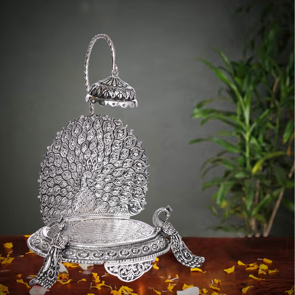 Pure Silver Singhasan Mandir Vintage Peocock Design Divine Pooja Stand Handcrafted Temple Art (24x8x26 cm,578g)
