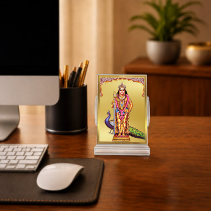 24K Gold-Plated Lord Murugan Acrylic Car Dashboard Frame | 11x7 CM