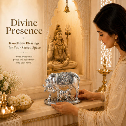 Diviniti 999 Silver Plated Kamdhenu Cow Idol with Gift Box | Antique Décor