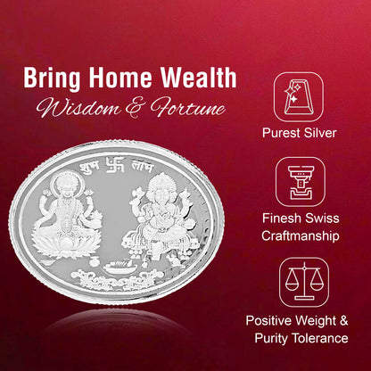 DIVINITI Pure Silver Coin Featuring Laxmi Ganesh & Om A Sacred Symbol of Prosperity and Spirituality for Home & Office Décor, Puja Room Diwali Gift (20g)