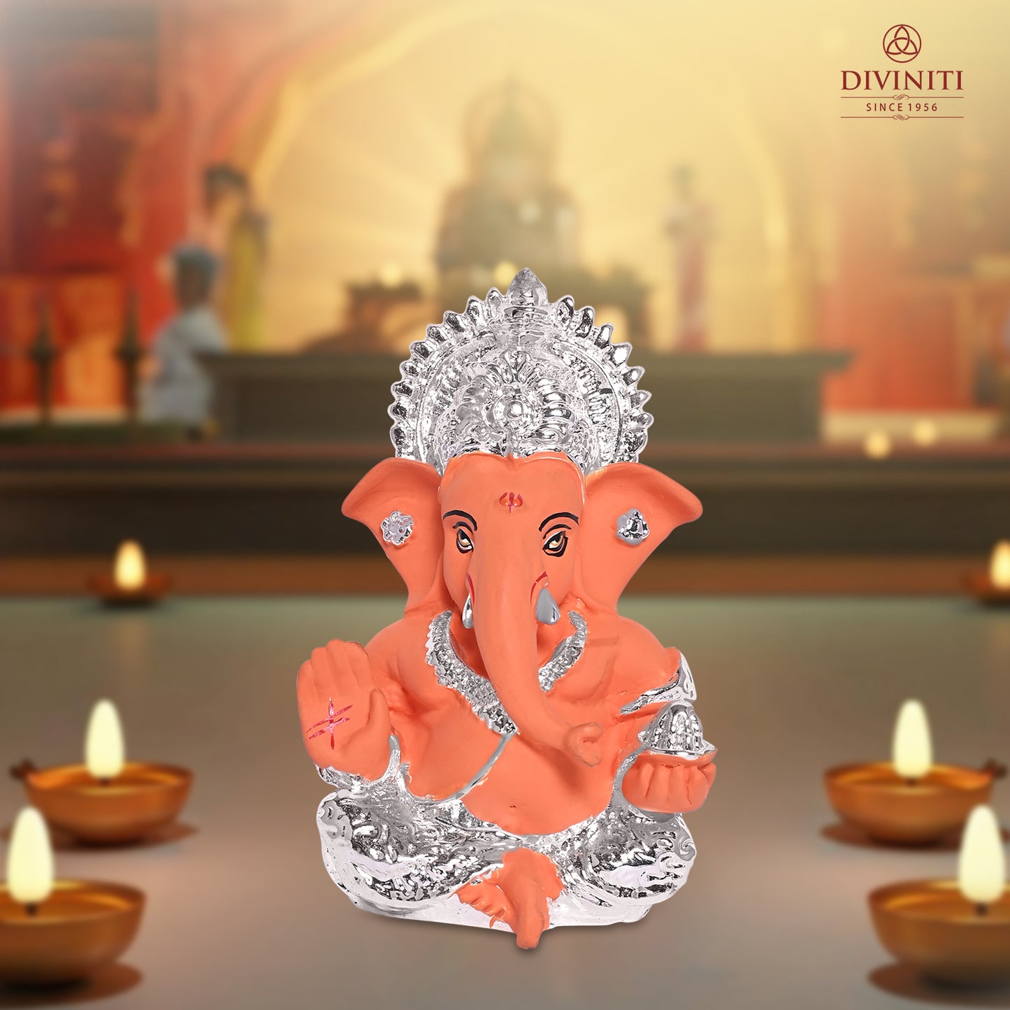Diviniti 999 Silver Plated Lord Ganesha Idol for Car DashboardTabletop For Home Decor Mandir Puja Gift Terracotta Orange (8.4x4.2cm)