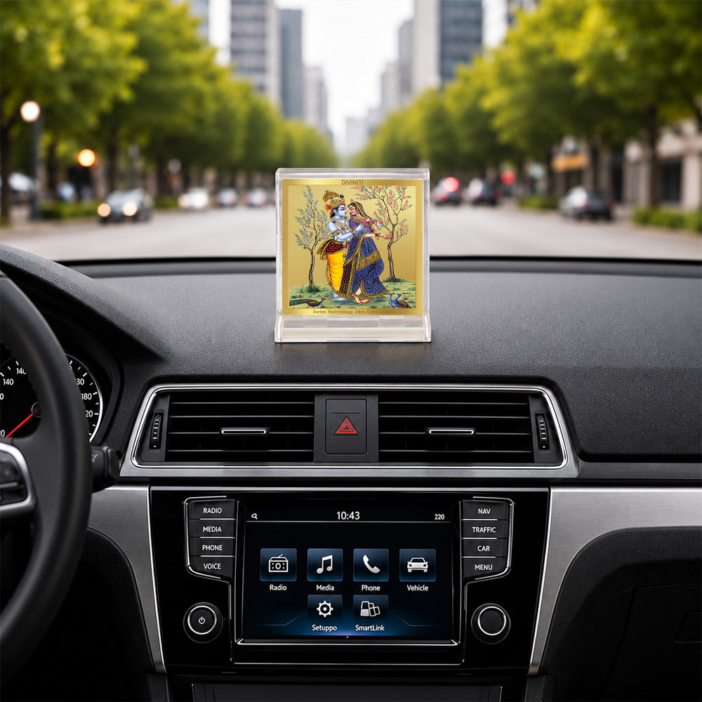 24K Gold-Plated Radha Krishna with Peacock Acrylic Car Dashboard Frame | 6x5 CM