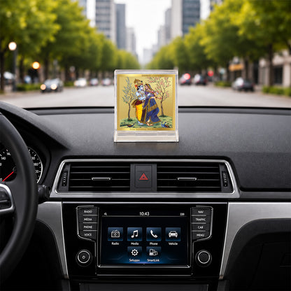 24K Gold-Plated Radha Krishna with Peacock Acrylic Car Dashboard Frame | 6x5 CM