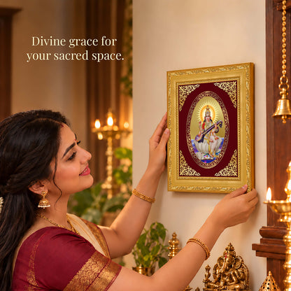 24K Gold-Plated Saraswati Mata Frame | Premium Gift Box | 21.5x17.5 CM