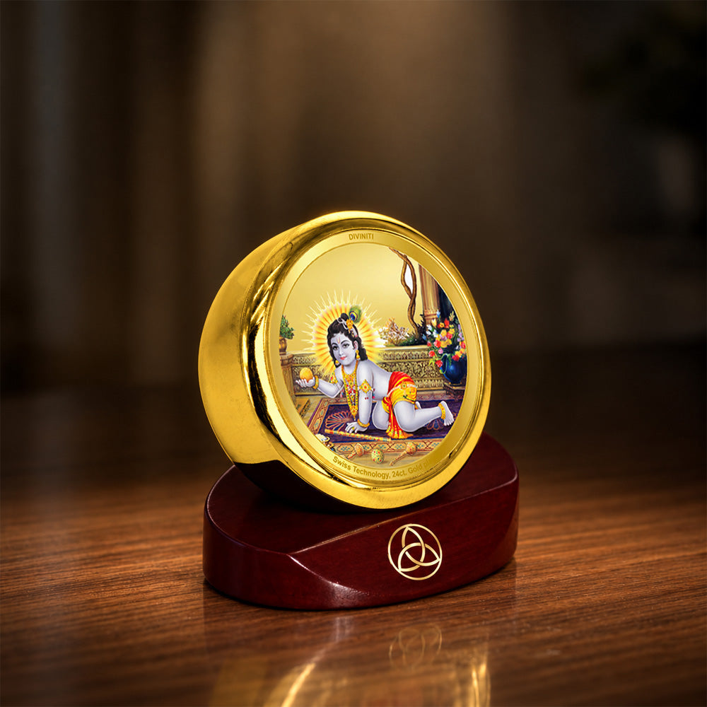 24K Gold-Plated Laddu Gopal Car Dashboard Frame | 5x5 CM