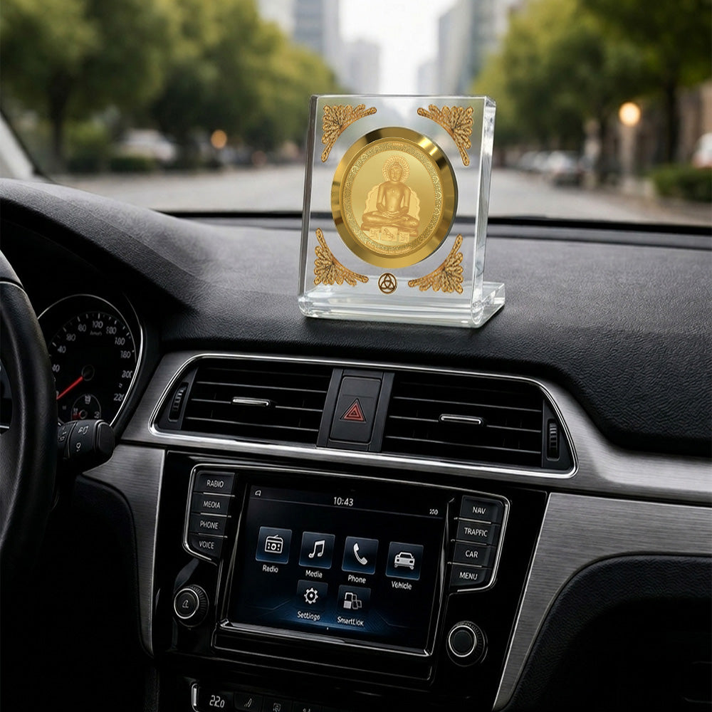 Lord Mahavir car dashboard frame featuring 24K gold plating in a premium crystal-clear frame.