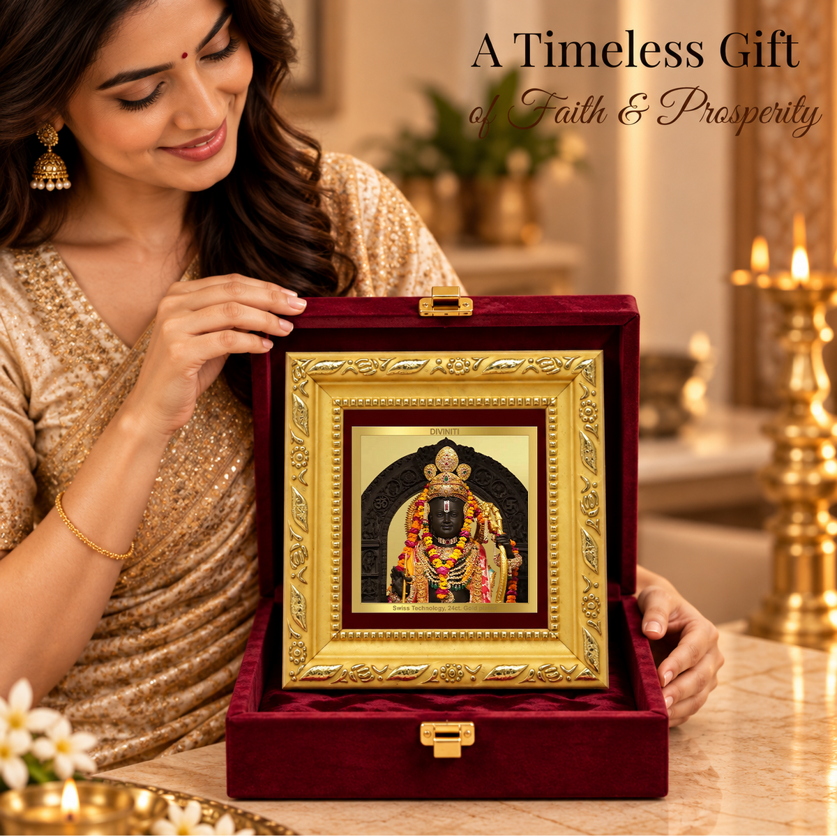 24K Gold-Plated Lord Ram Lalla Frame | Premium Gift Box | 10x10 CM