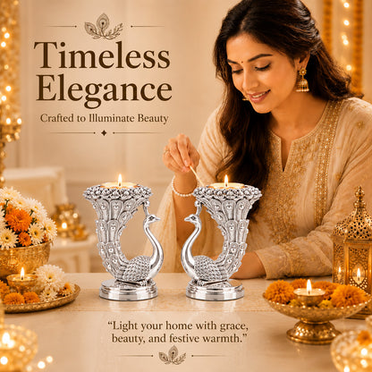 999 Silver-Plated Peacock Candle Holder Pair | Premium Gift Box | 10x8 CM