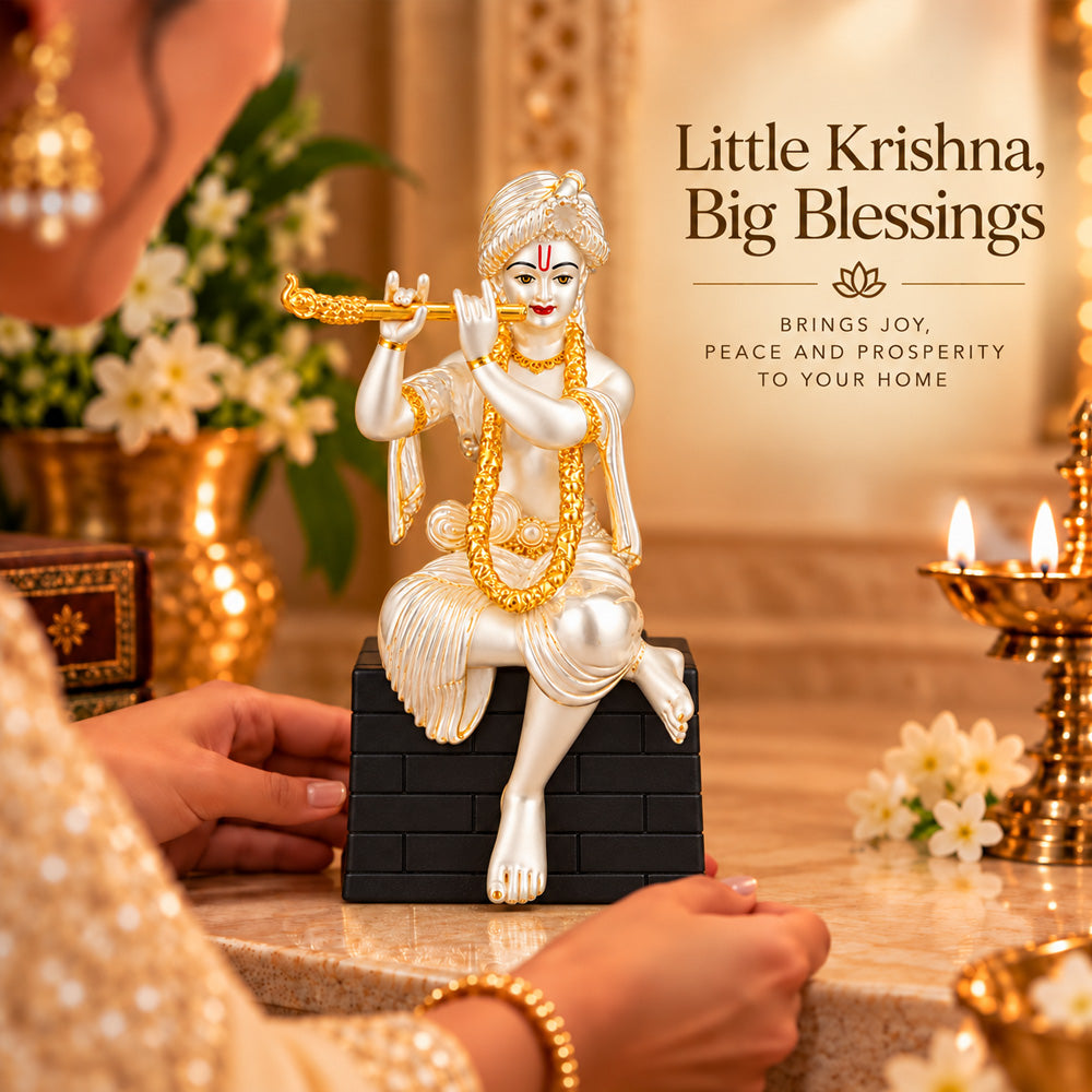 999 Silver-Plated Dual-Tone Lord Krishna Idol | Premium Gift Box | 16x9 CM