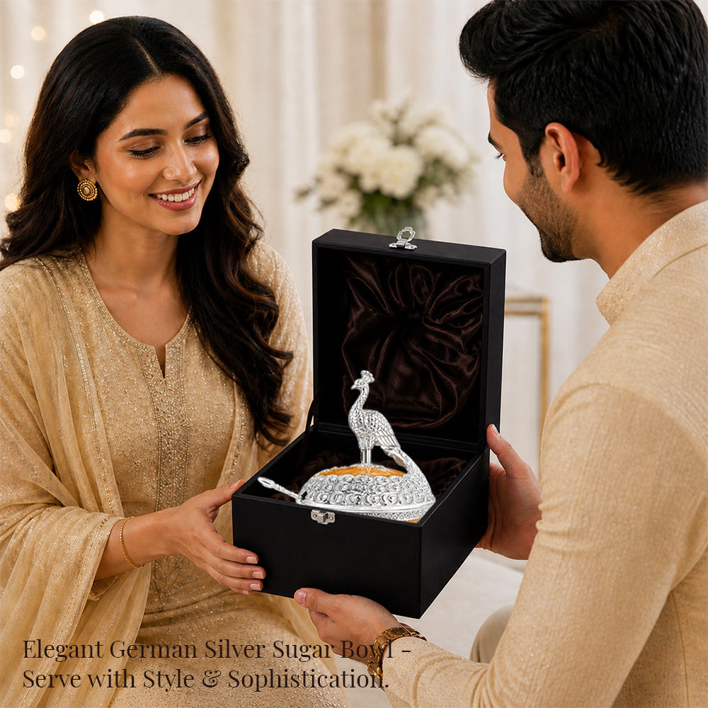 Diviniti German Silver Peacock Sugar Bowl with Spoon & Luxury Gift Box presented elegantly in a black gift box.