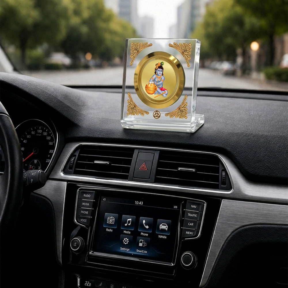 Bal Gopal Diviniti Premium Gold on Gold frame showcased on car dashboard, office table, and home table.