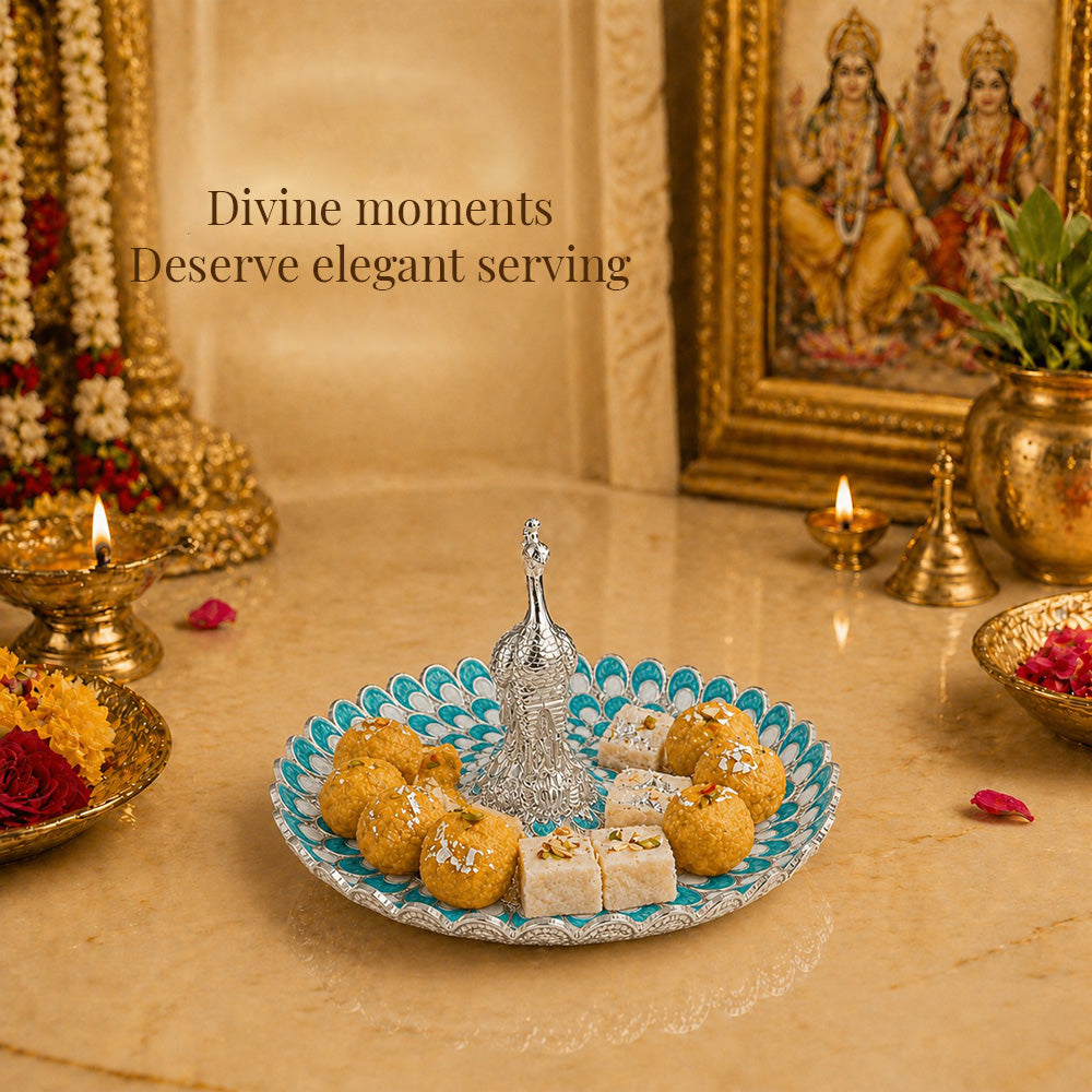 Diviniti Turquoise Blue Peacock German Silver Platter with Gift Box featuring sweets for elegant serving.