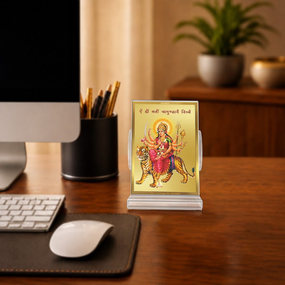 24K Gold-Plated Durga Ji Acrylic Car Dashboard Frame | 11x7 CM