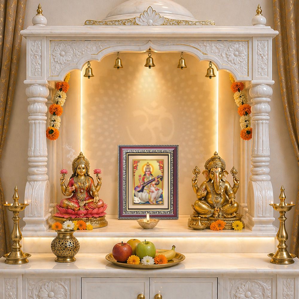 Diviniti 24K Gold Plated Saraswati Mata (Classic) Divine Wall and Table Top Frame for Home Mandir & Office Decor | Luxury Spiritual Gift