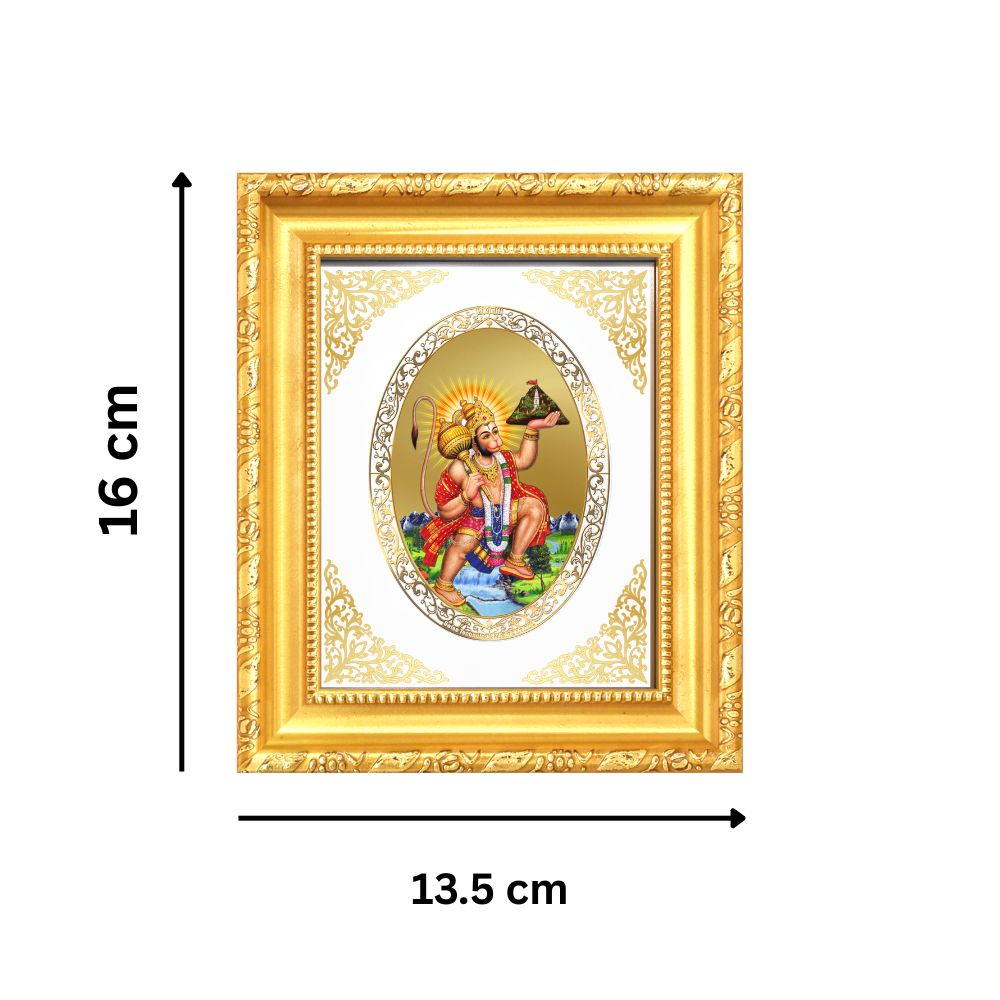 Lord Hanuman with Sanjeevani Mountain Divine Protection Sacred Royal Tabletop Frame in 24K Gold Plated Foil