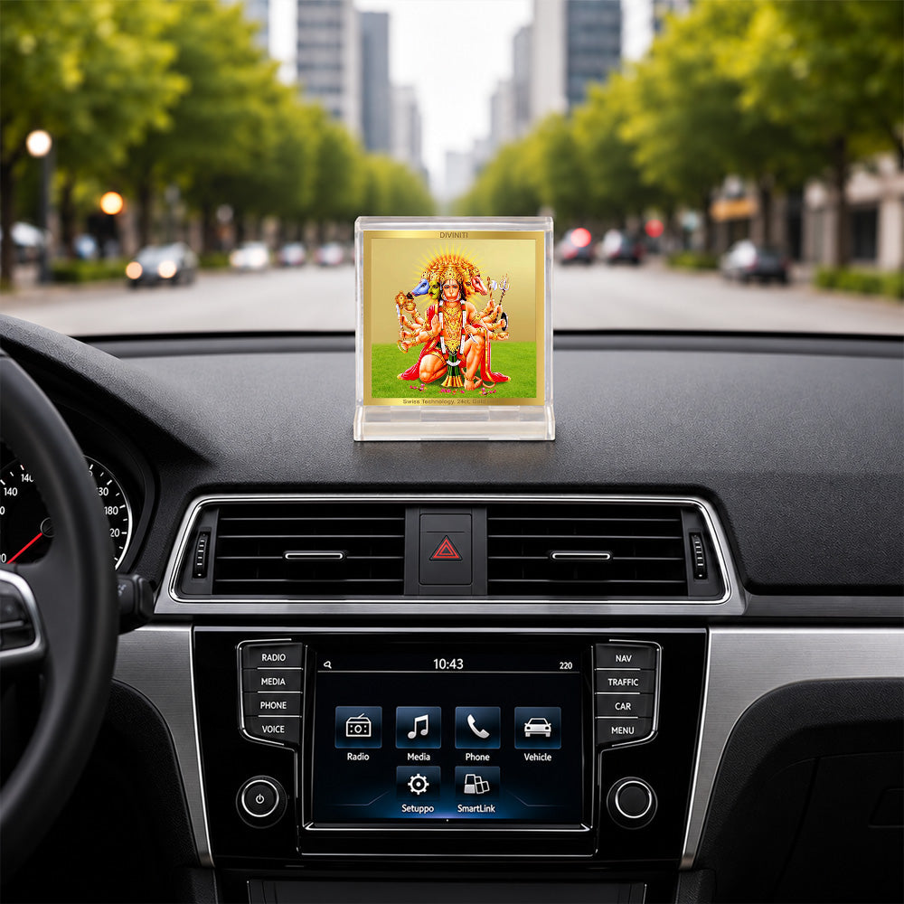 24K Gold-Plated Panchmukhi Hanuman Acrylic Car Dashboard Frame | 6x5 CM