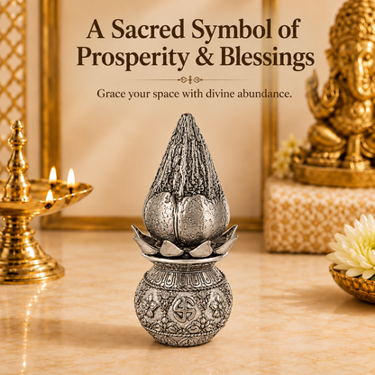 999 Silver-Plated Antique Lakshmi Kalash with Coconut | Gift Box | 16x8 CM