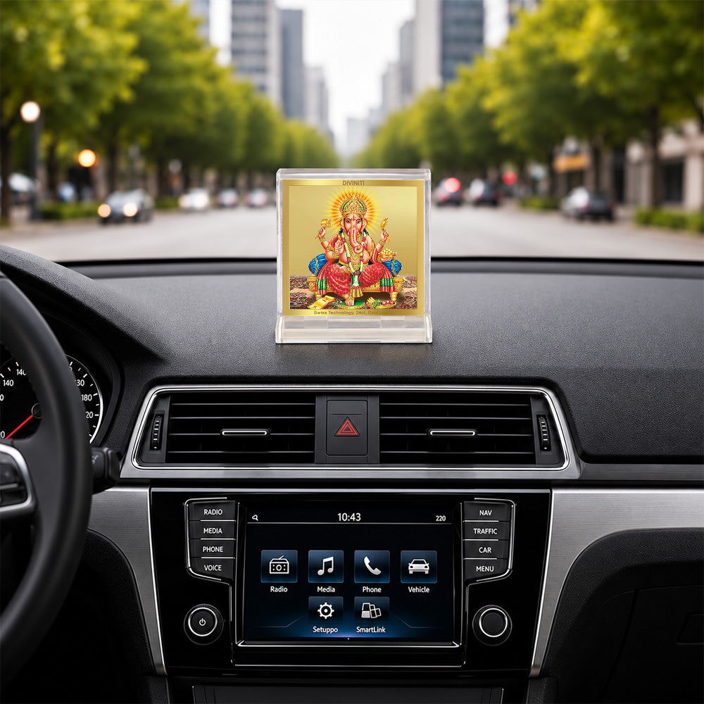 24K Gold-Plated Lord Ganesha Acrylic Car Dashboard Frame | 6x5 CM
