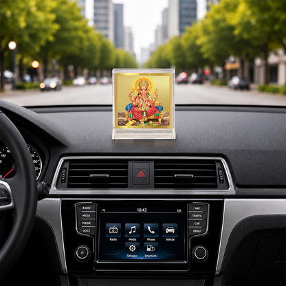 24K Gold-Plated Lord Ganesha Acrylic Car Dashboard Frame | 6x5 CM
