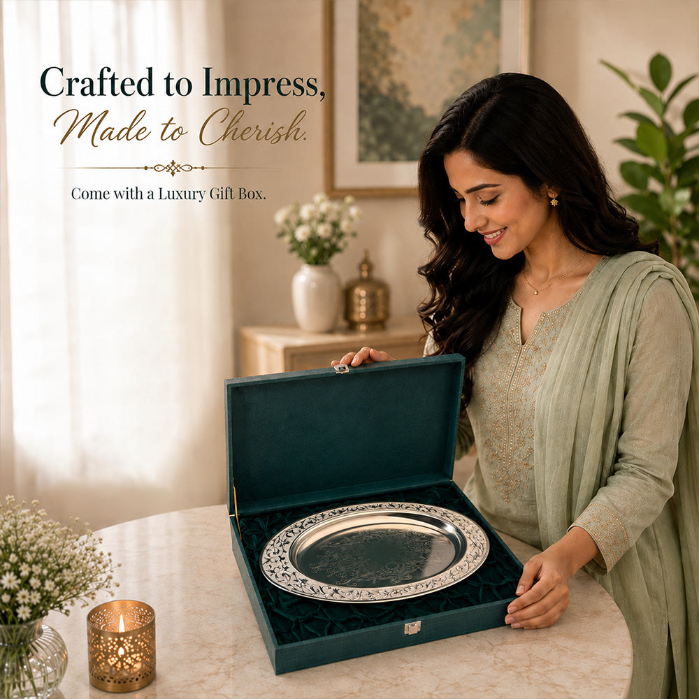 Diviniti Silver-Plated Oval Decorative Tray with White Enamel Accents | Luxury Serving Platter for Dry Fruits, Sweets & Premium Gifting