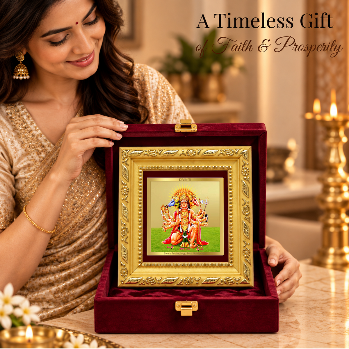 24K Gold-Plated Lord Panchmukhi Hanuman Frame | Premium Gift Box | 10x10 CM